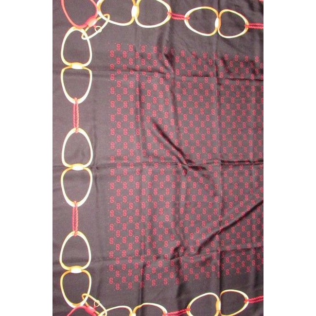 Gucci Black Gold Red Logo Xl And Equestrian Print Silk Scarf