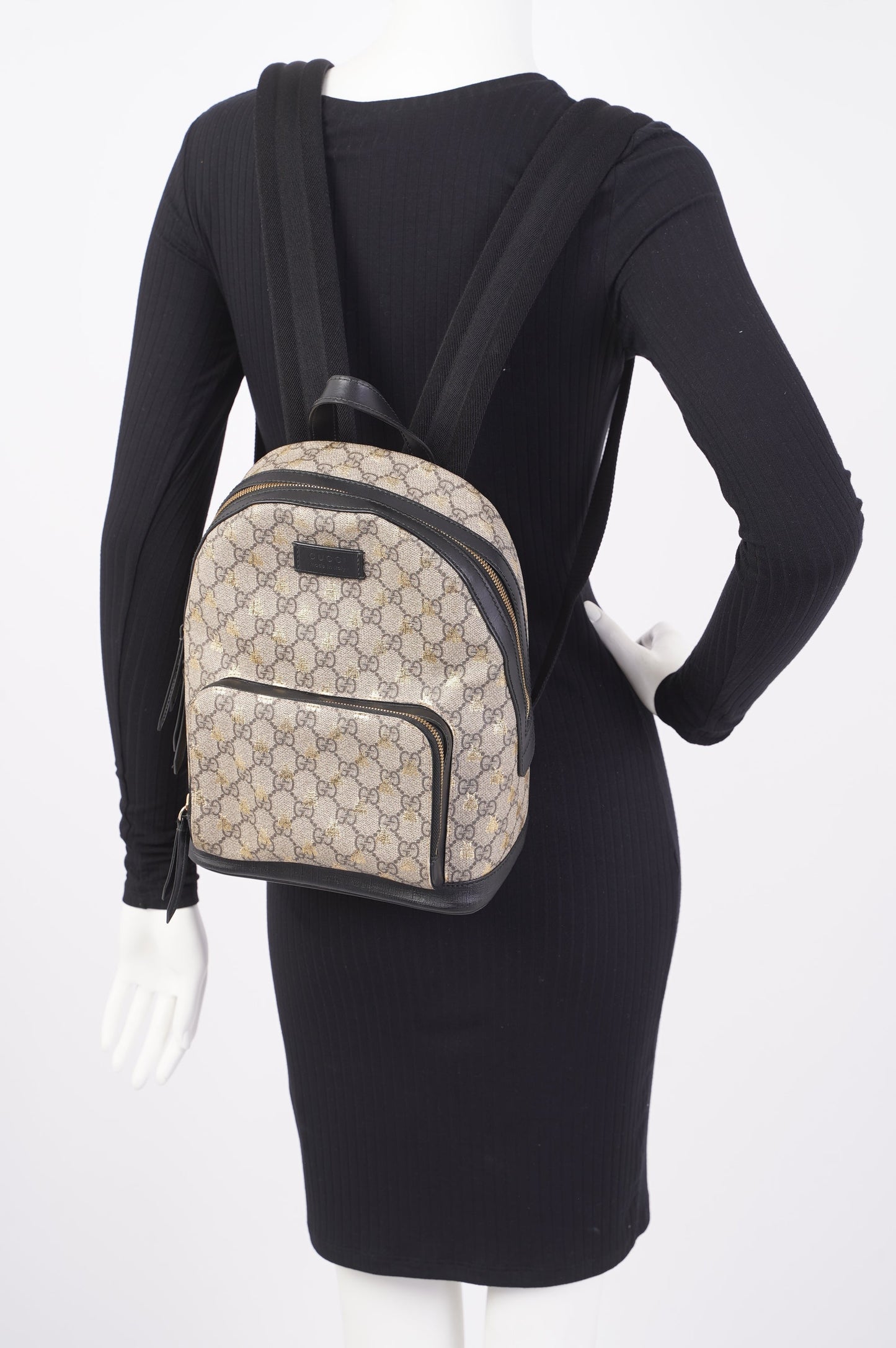 Gucci Bees Backpack Supreme Print / Gold / Black Canvas Small