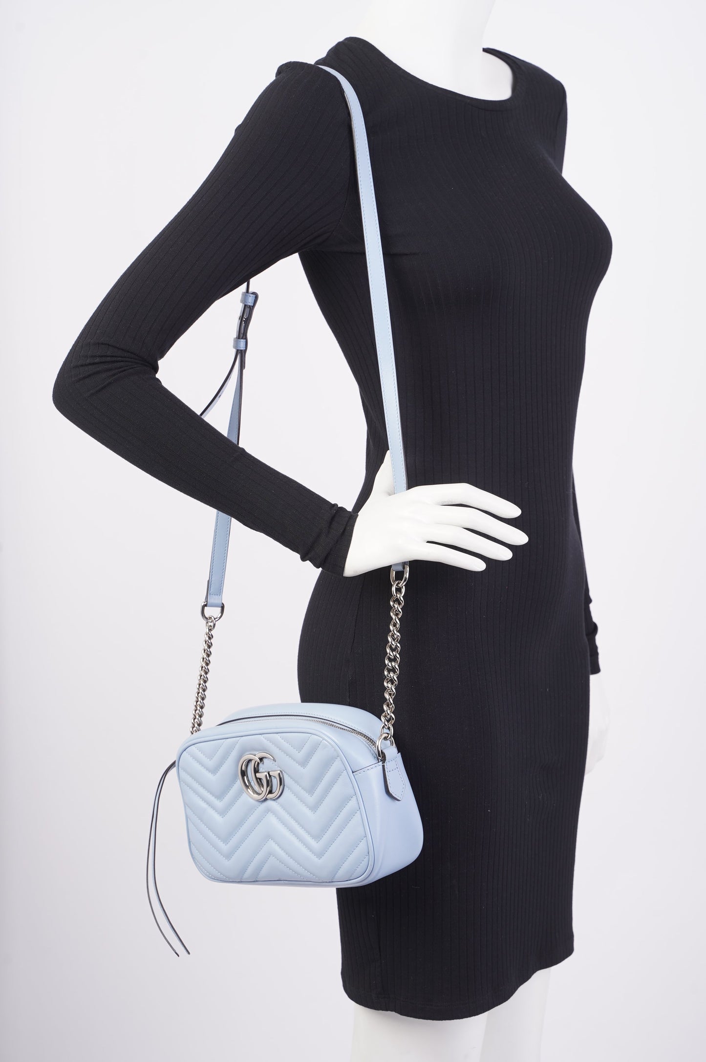Gucci Marmont Zip Baby Blue Matelasse Leather Small