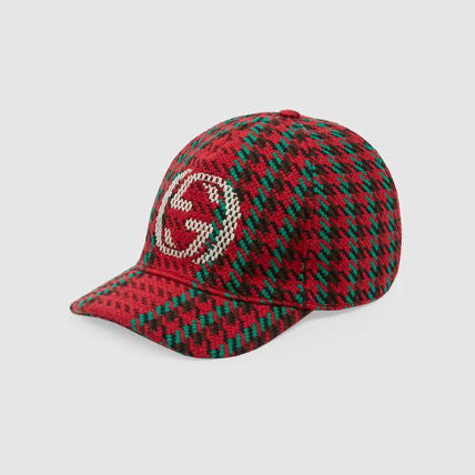 Gucci Houndstooth Baseball Hat With Interlocking G In Red And Green