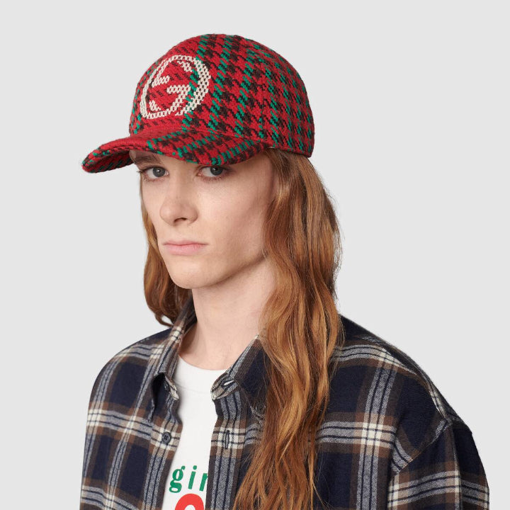 Gucci Houndstooth Baseball Hat With Interlocking G In Red And Green