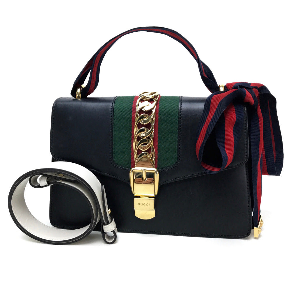 GUCCI Shoulder Bag 421882 leather black Sherry line Silvi Small Ribbon Women Used