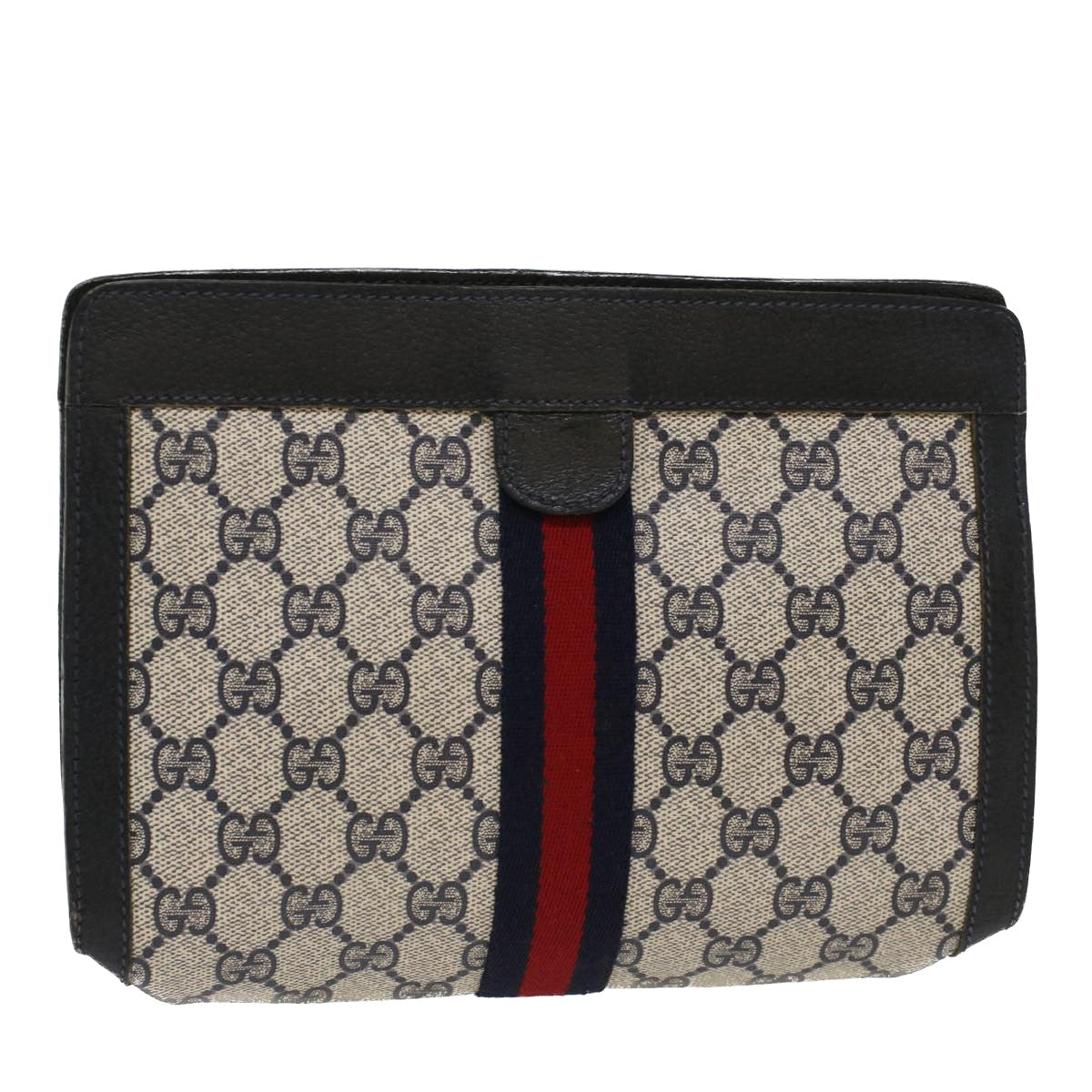 GUCCI GG Canvas Sherry Line Clutch Bag PVC Leather Navy Red  yk7860