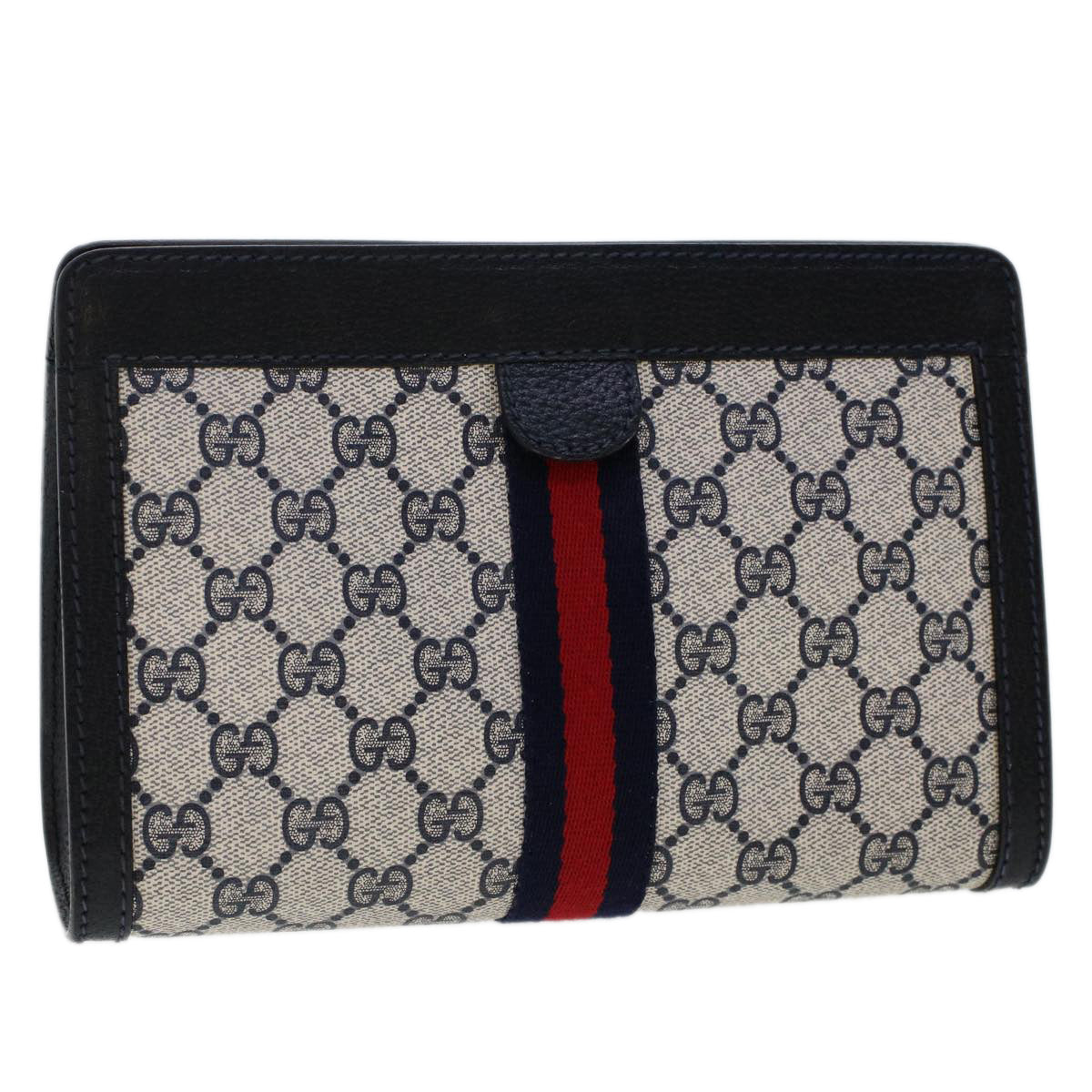 GUCCI GG Canvas Sherry Line Clutch Bag PVC Leather Navy Red  yk7884