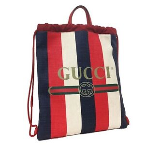 Gucci Striped Canvas Web Logo Drawstring Backpack